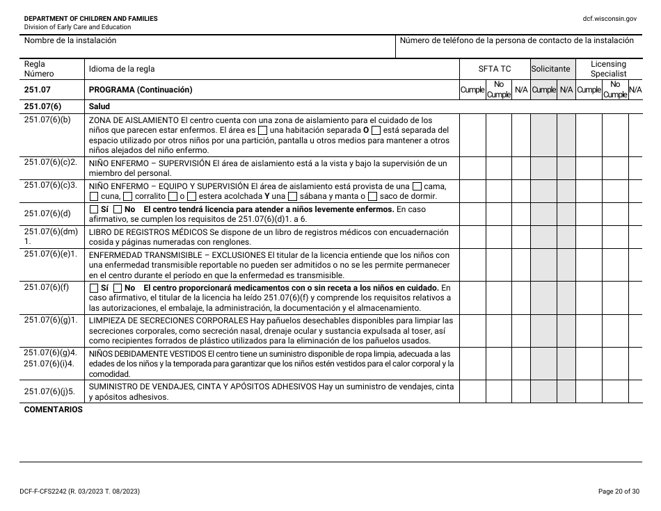 Formulario DCF-F-CFS2242-S Lista De Verificacion De La Licencia Inicial: Centros Grupales De Cuidado Infantil - Wisconsin (Spanish), Page 20