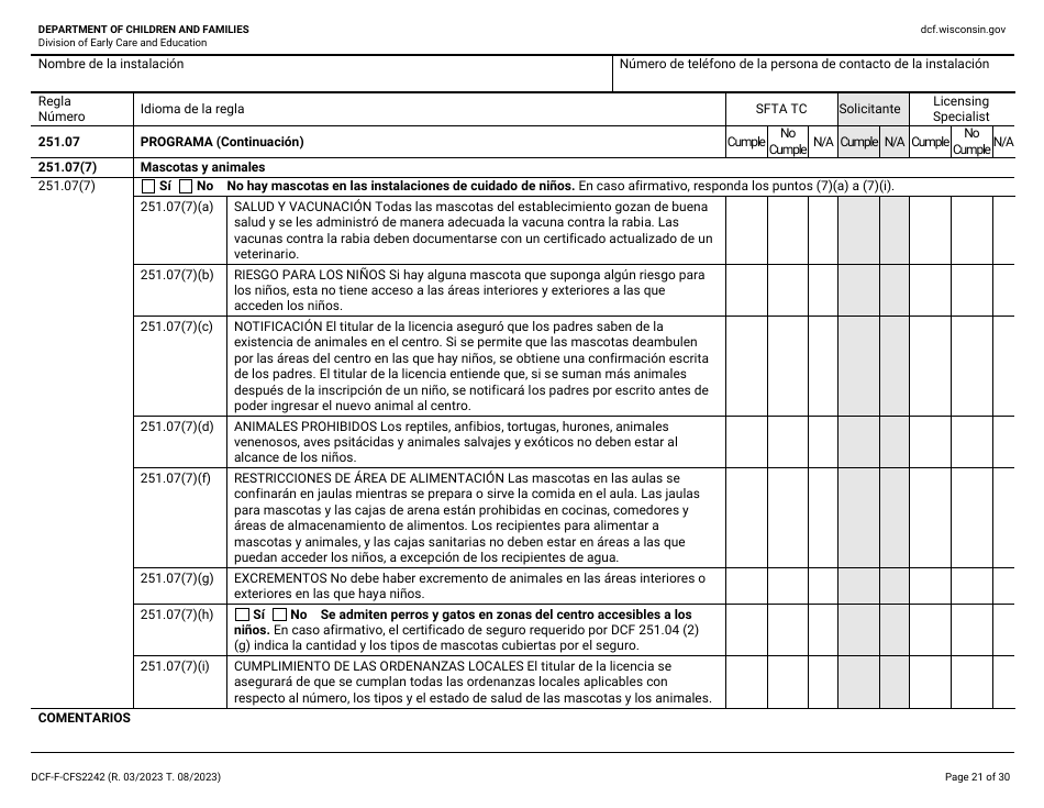 Formulario DCF-F-CFS2242-S Lista De Verificacion De La Licencia Inicial: Centros Grupales De Cuidado Infantil - Wisconsin (Spanish), Page 21
