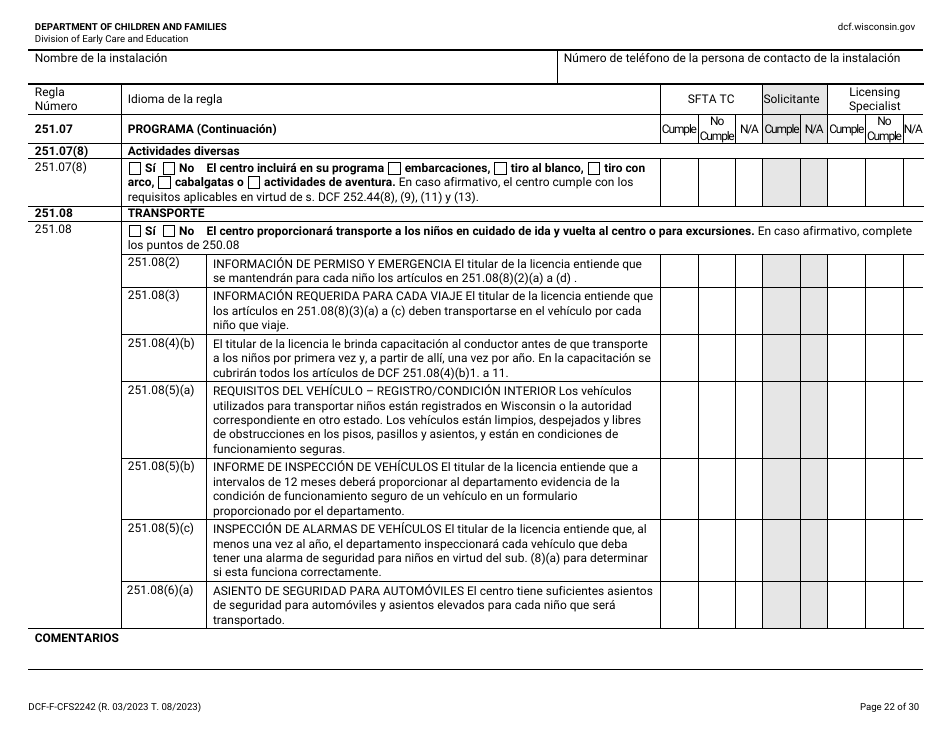 Formulario DCF-F-CFS2242-S Lista De Verificacion De La Licencia Inicial: Centros Grupales De Cuidado Infantil - Wisconsin (Spanish), Page 22