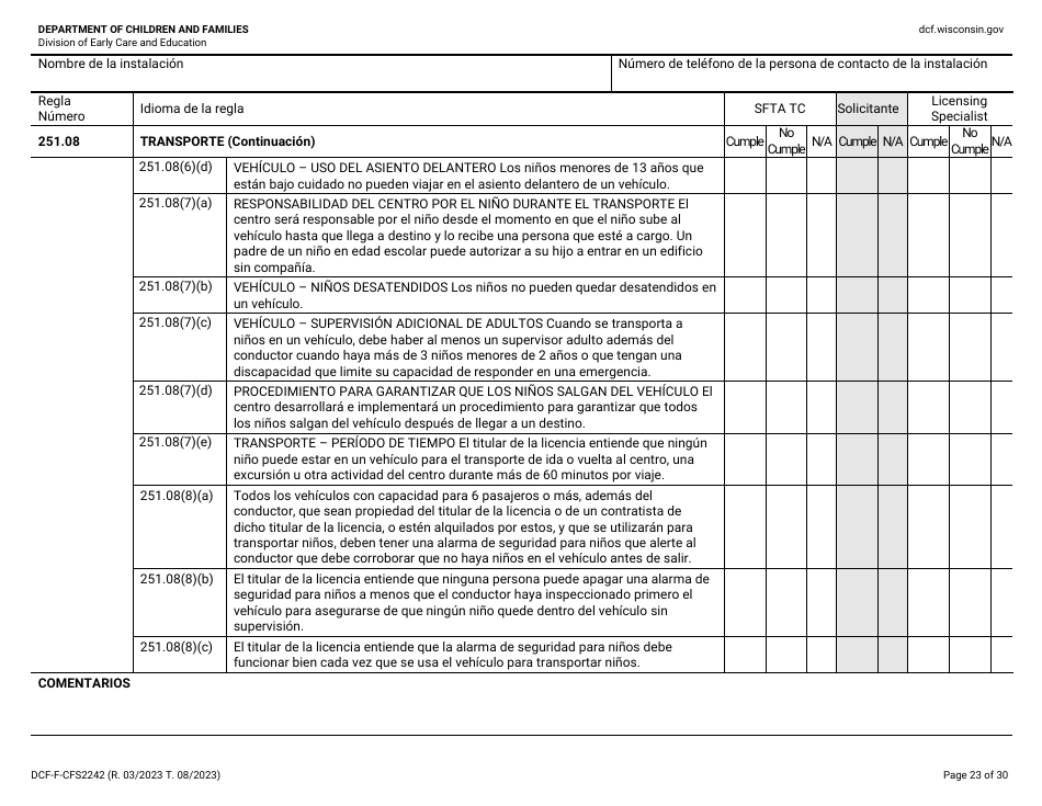 Formulario DCF-F-CFS2242-S Lista De Verificacion De La Licencia Inicial: Centros Grupales De Cuidado Infantil - Wisconsin (Spanish), Page 23