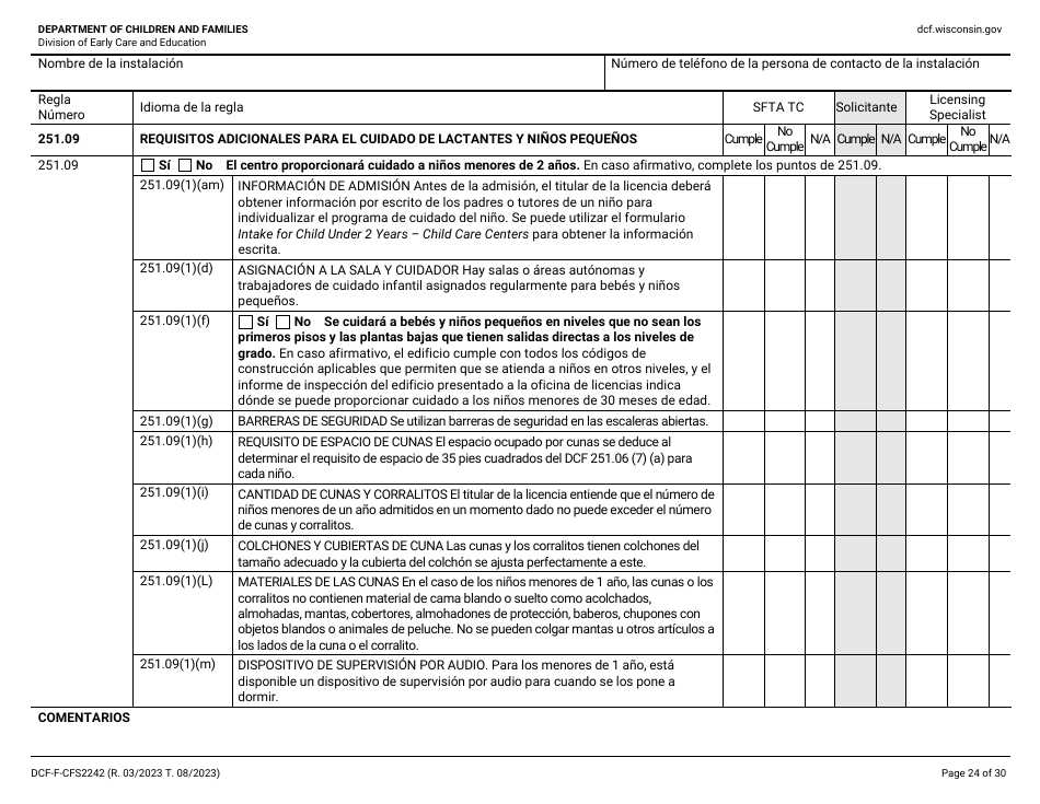 Formulario DCF-F-CFS2242-S Lista De Verificacion De La Licencia Inicial: Centros Grupales De Cuidado Infantil - Wisconsin (Spanish), Page 24