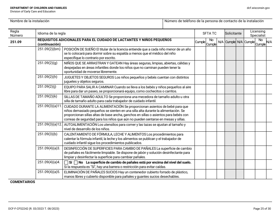 Formulario DCF-F-CFS2242-S Lista De Verificacion De La Licencia Inicial: Centros Grupales De Cuidado Infantil - Wisconsin (Spanish), Page 25