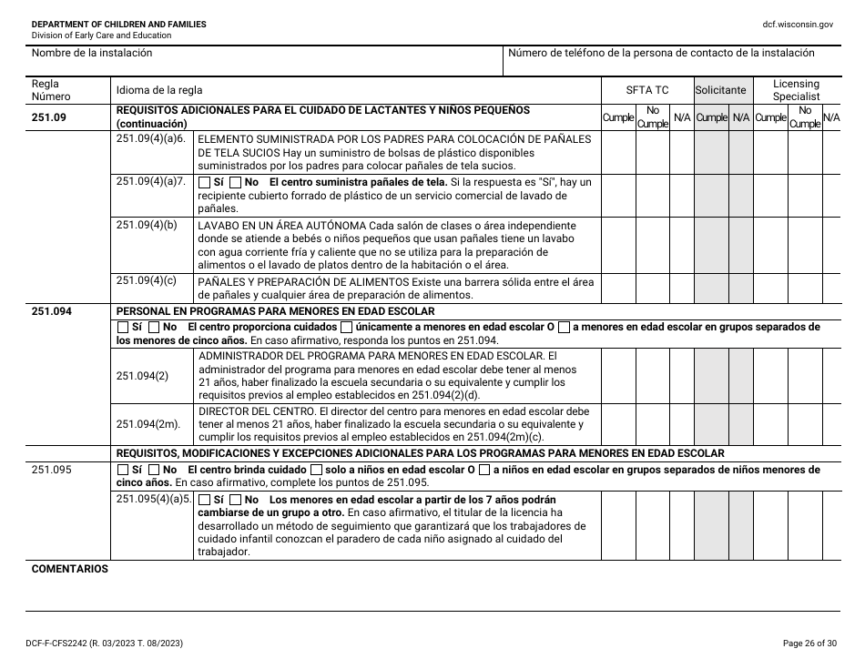 Formulario DCF-F-CFS2242-S Lista De Verificacion De La Licencia Inicial: Centros Grupales De Cuidado Infantil - Wisconsin (Spanish), Page 26