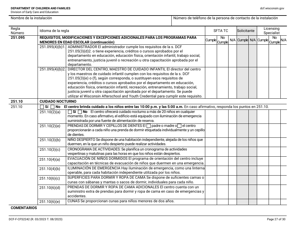 Formulario DCF-F-CFS2242-S Lista De Verificacion De La Licencia Inicial: Centros Grupales De Cuidado Infantil - Wisconsin (Spanish), Page 27