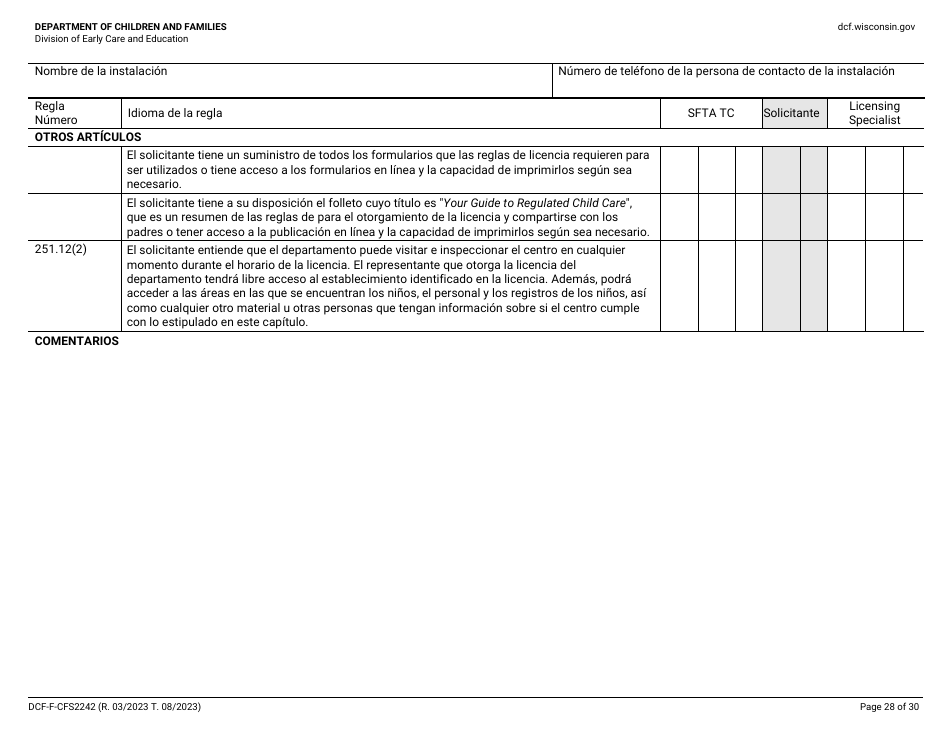 Formulario DCF-F-CFS2242-S Lista De Verificacion De La Licencia Inicial: Centros Grupales De Cuidado Infantil - Wisconsin (Spanish), Page 28