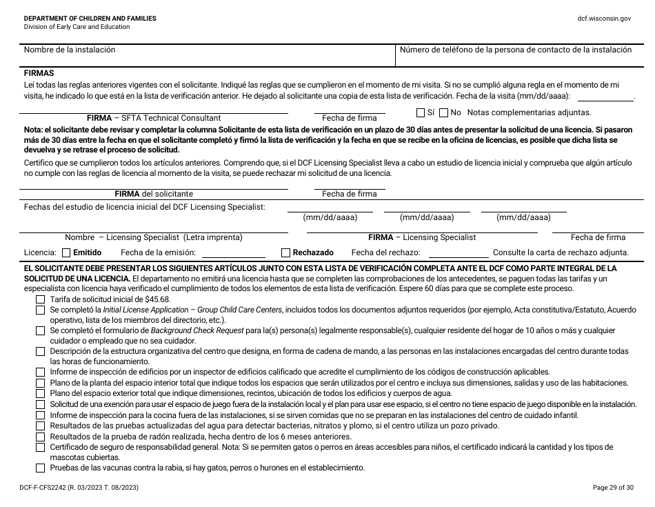 Formulario DCF-F-CFS2242-S Lista De Verificacion De La Licencia Inicial: Centros Grupales De Cuidado Infantil - Wisconsin (Spanish), Page 29