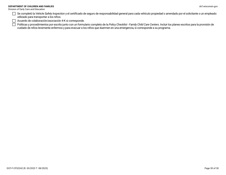 Formulario DCF-F-CFS2242-S Lista De Verificacion De La Licencia Inicial: Centros Grupales De Cuidado Infantil - Wisconsin (Spanish), Page 30