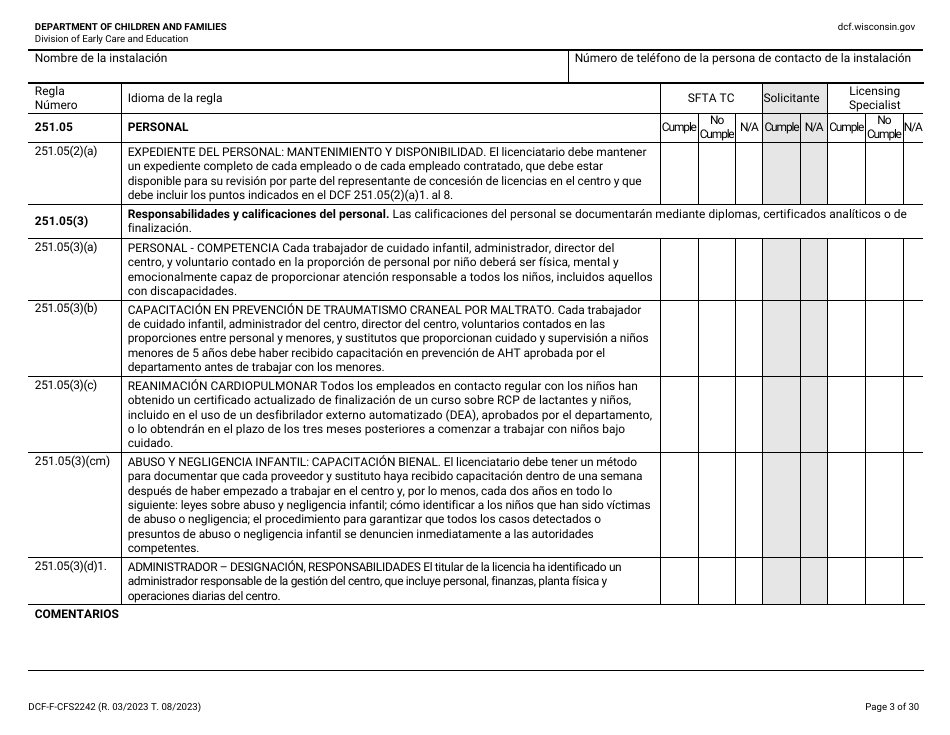 Formulario DCF-F-CFS2242-S Lista De Verificacion De La Licencia Inicial: Centros Grupales De Cuidado Infantil - Wisconsin (Spanish), Page 3