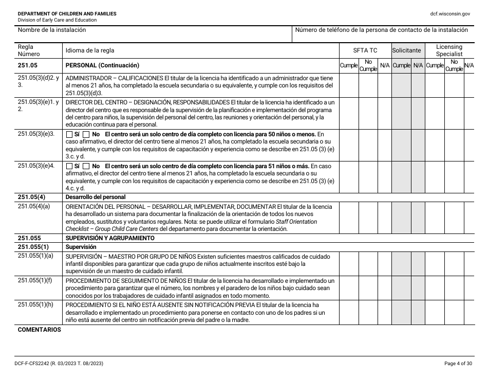 Formulario DCF-F-CFS2242-S Lista De Verificacion De La Licencia Inicial: Centros Grupales De Cuidado Infantil - Wisconsin (Spanish), Page 4