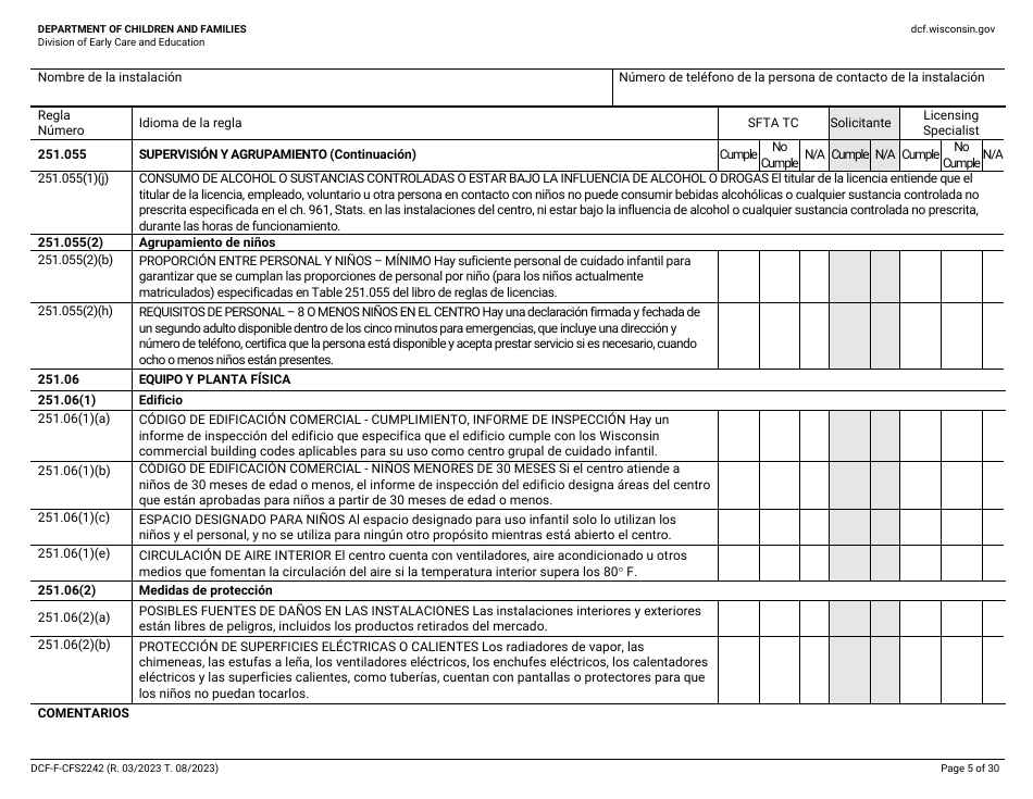 Formulario DCF-F-CFS2242-S Lista De Verificacion De La Licencia Inicial: Centros Grupales De Cuidado Infantil - Wisconsin (Spanish), Page 5