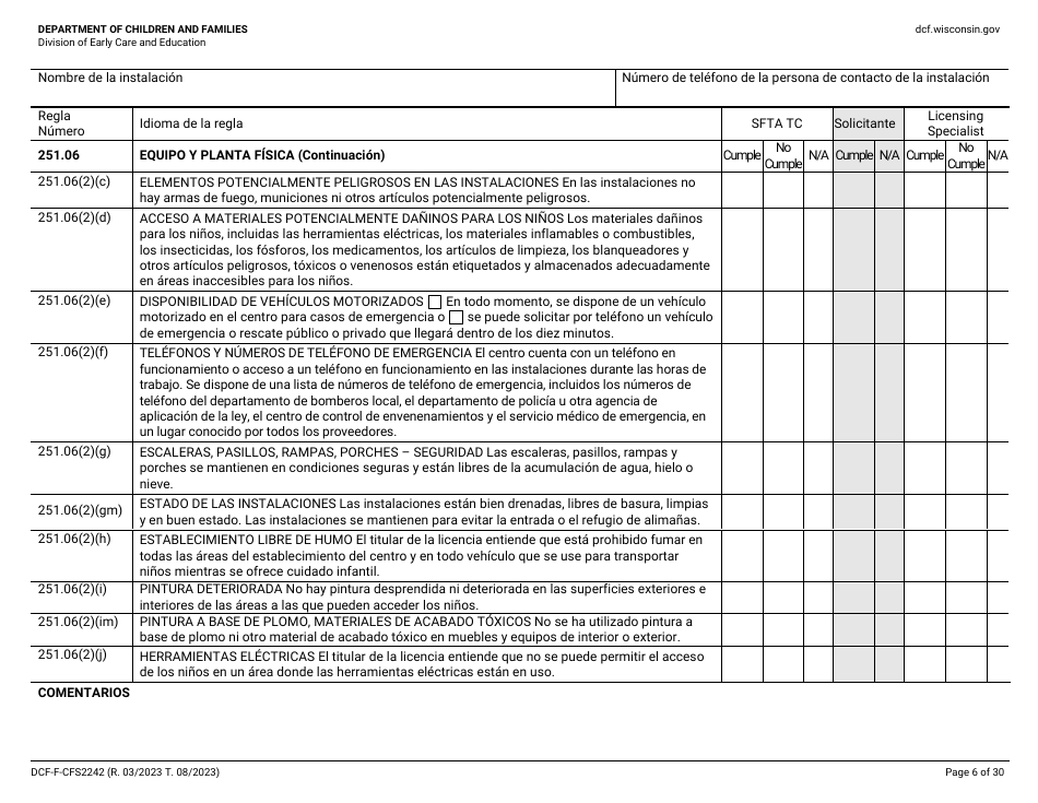 Formulario DCF-F-CFS2242-S Lista De Verificacion De La Licencia Inicial: Centros Grupales De Cuidado Infantil - Wisconsin (Spanish), Page 6