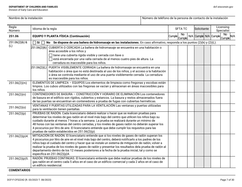 Formulario DCF-F-CFS2242-S Lista De Verificacion De La Licencia Inicial: Centros Grupales De Cuidado Infantil - Wisconsin (Spanish), Page 7