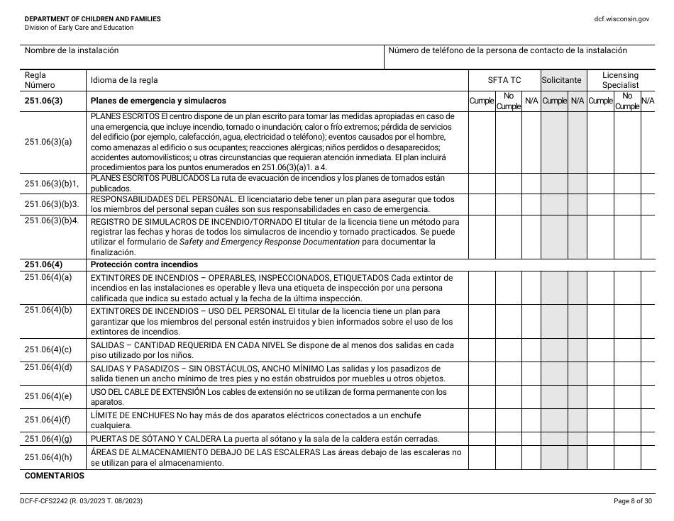 Formulario DCF-F-CFS2242-S Lista De Verificacion De La Licencia Inicial: Centros Grupales De Cuidado Infantil - Wisconsin (Spanish), Page 8