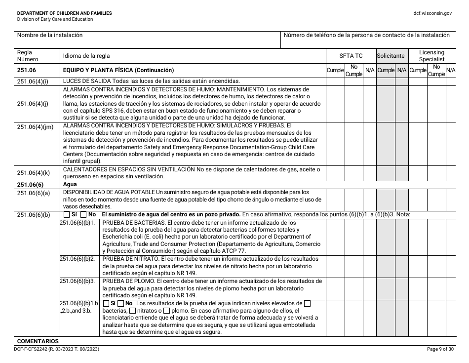 Formulario DCF-F-CFS2242-S Lista De Verificacion De La Licencia Inicial: Centros Grupales De Cuidado Infantil - Wisconsin (Spanish), Page 9