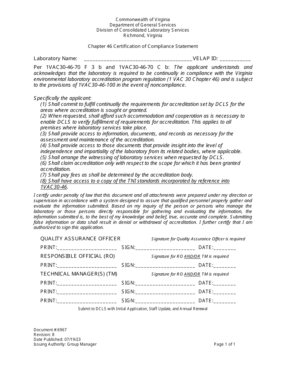 Form 6967 Chapter 46 Certification of Compliance Statement - Virginia, Page 1