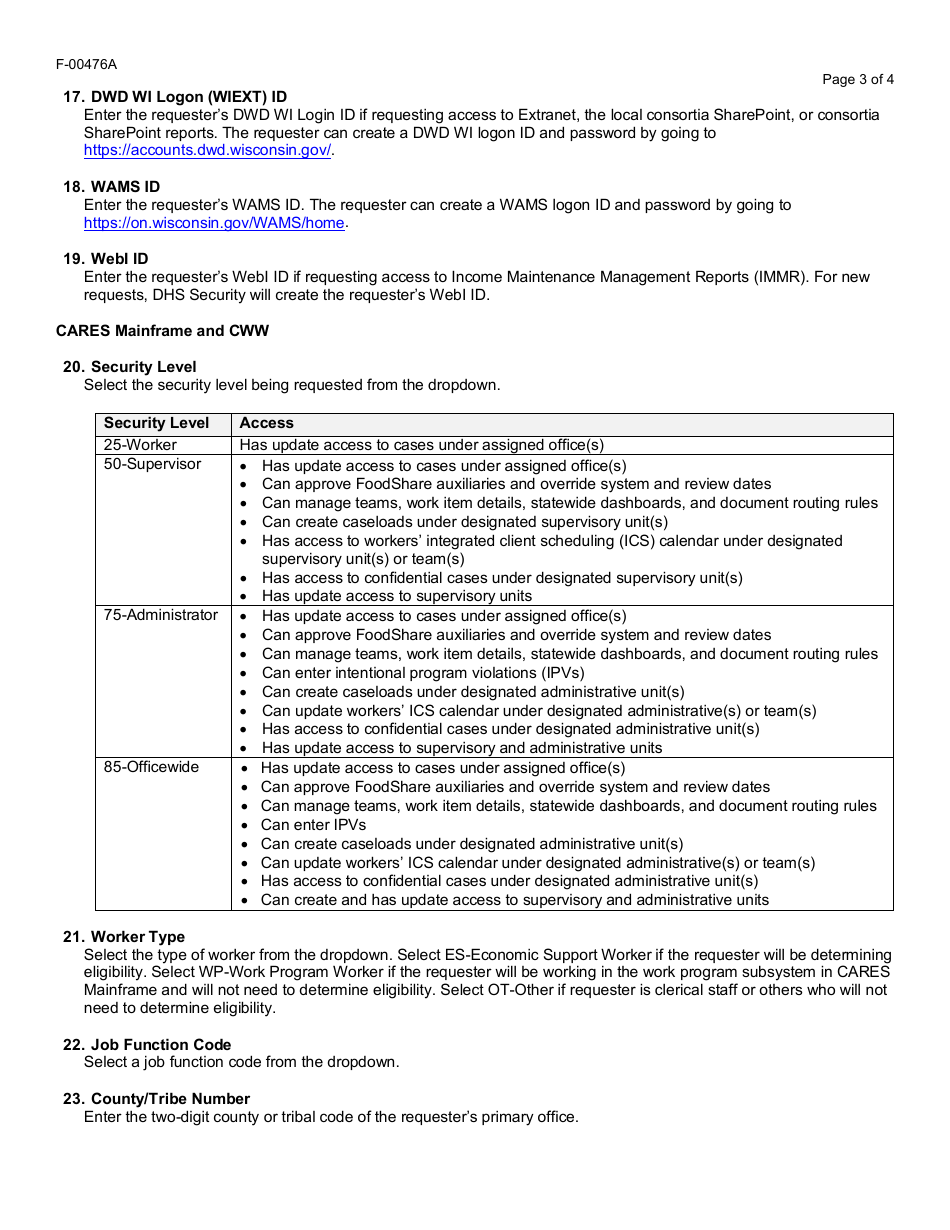 Instructions for Form F-00476 Cares Automated Systems Access Request - Wisconsin, Page 3