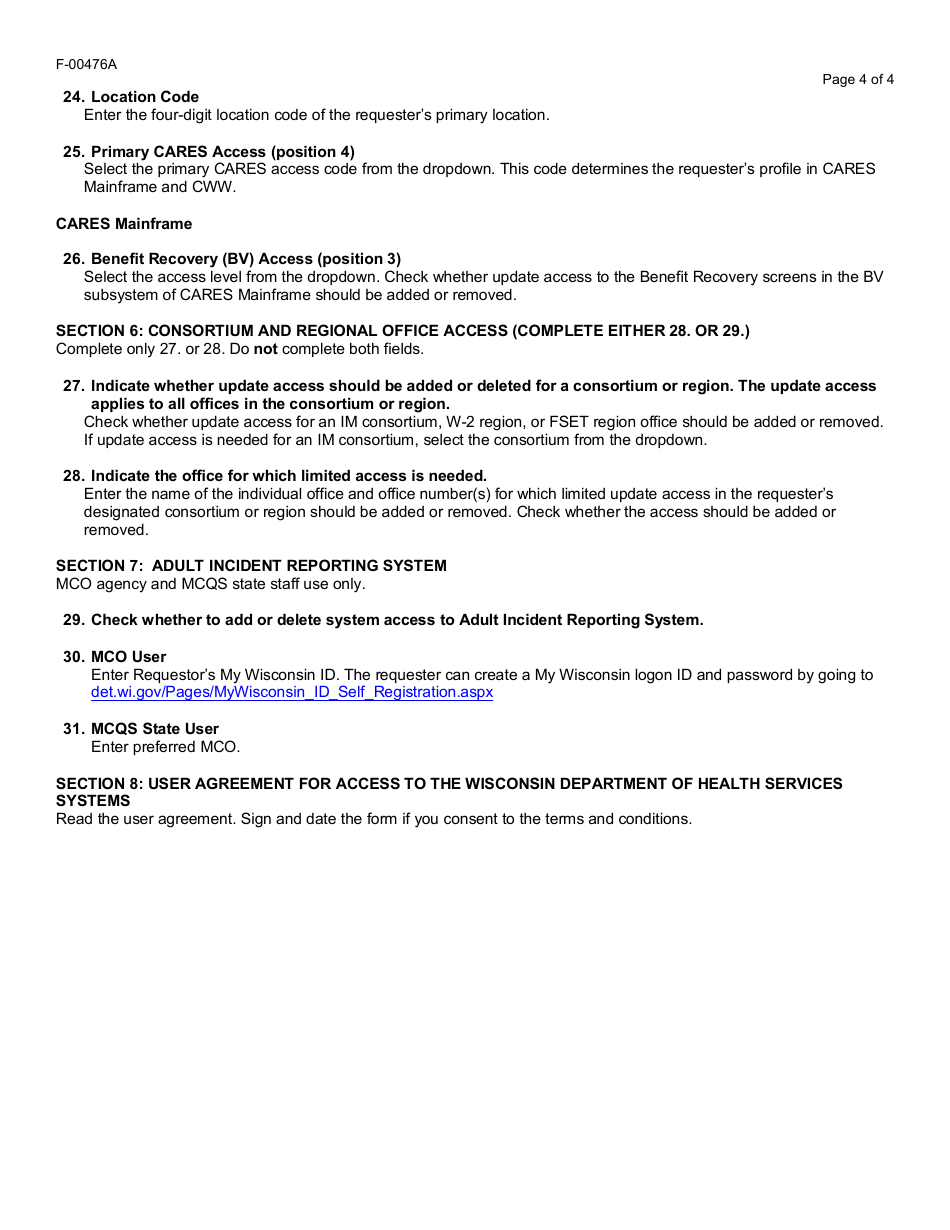 Instructions for Form F-00476 Cares Automated Systems Access Request - Wisconsin, Page 4