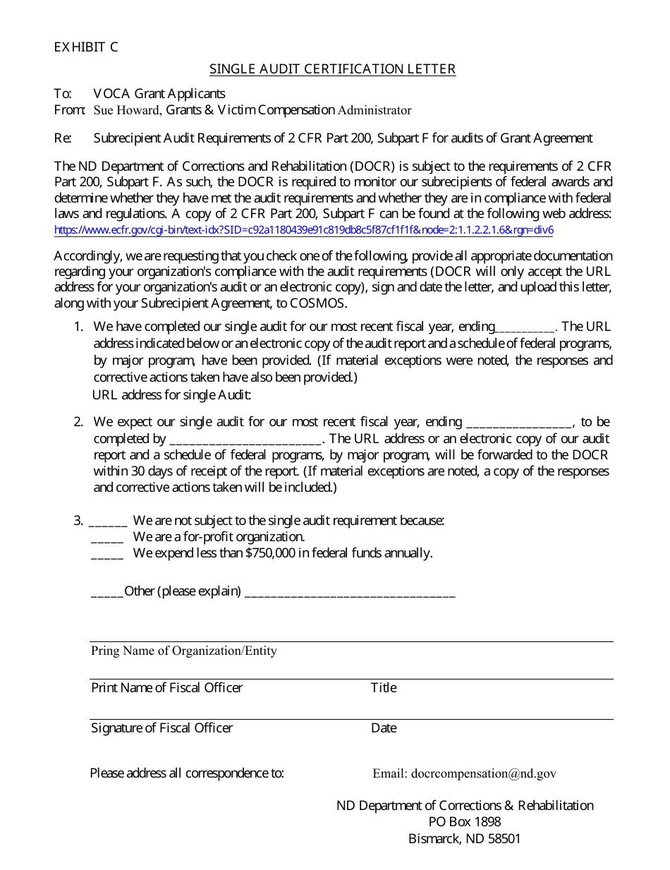 Exhibit C Single Audit Certification Letter - North Dakota, Page 1