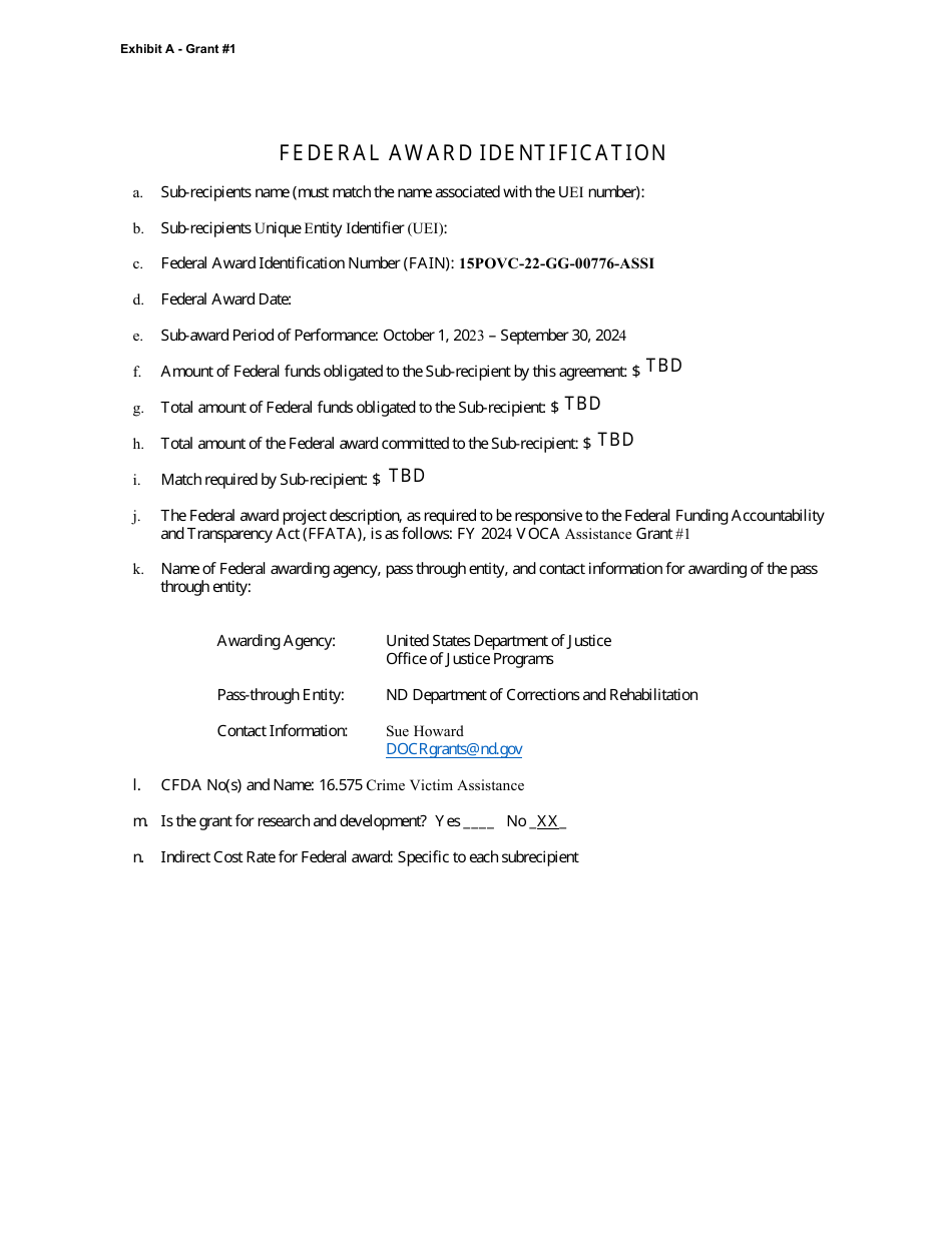 2024 North Dakota Grant 1 Federal Award Identification Fill Out