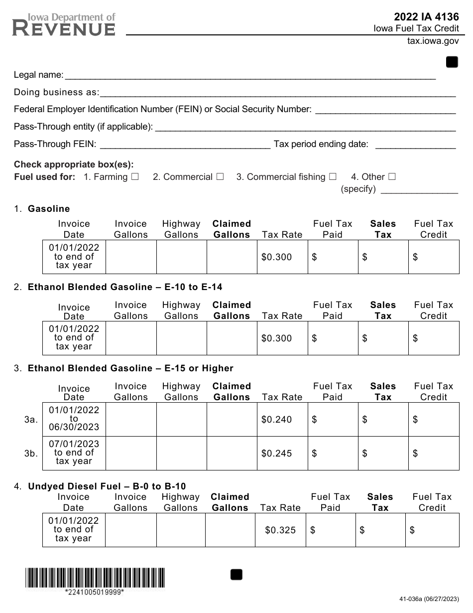 Form IA4136 (41-036) Iowa Fuel Tax Credit - Iowa, Page 1