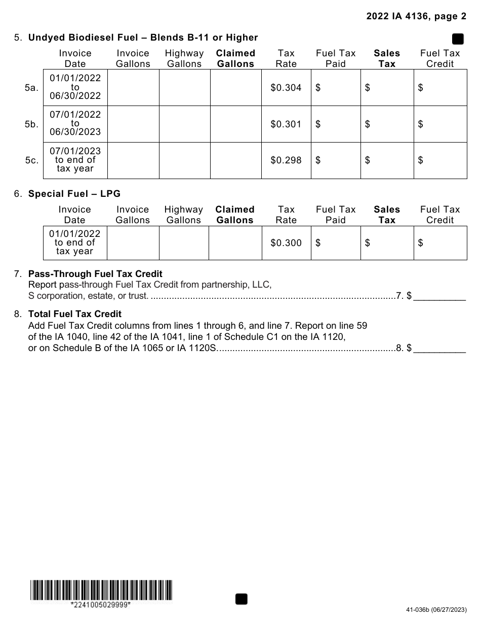 Form IA4136 (41-036) Iowa Fuel Tax Credit - Iowa, Page 2