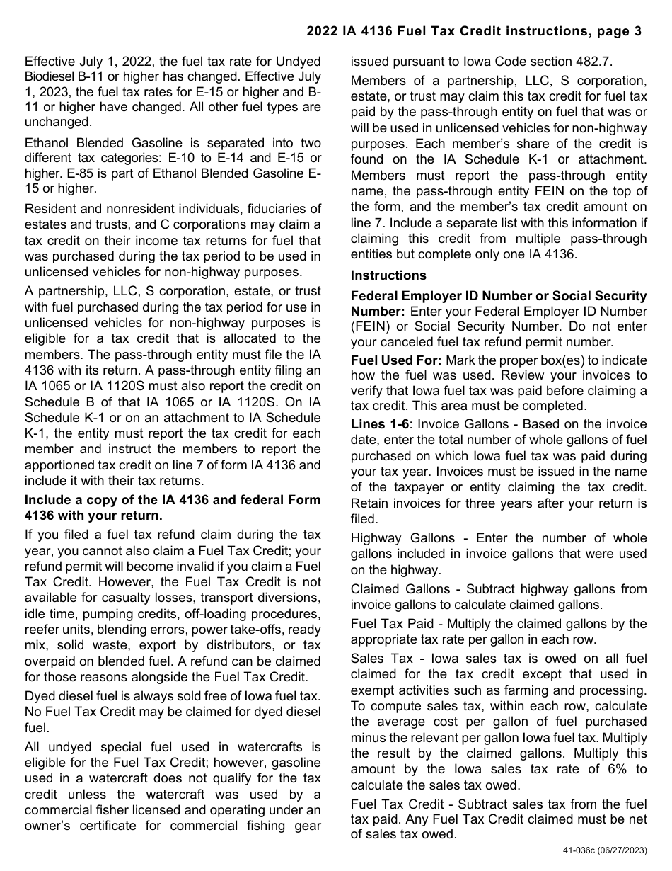 Form IA4136 (41-036) Iowa Fuel Tax Credit - Iowa, Page 3
