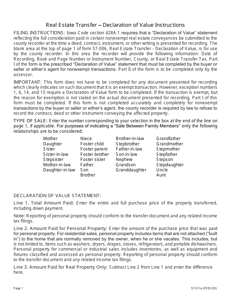 Instructions for Form 57-006 Real Estate Transfer - Declaration of Value - Iowa, Page 1