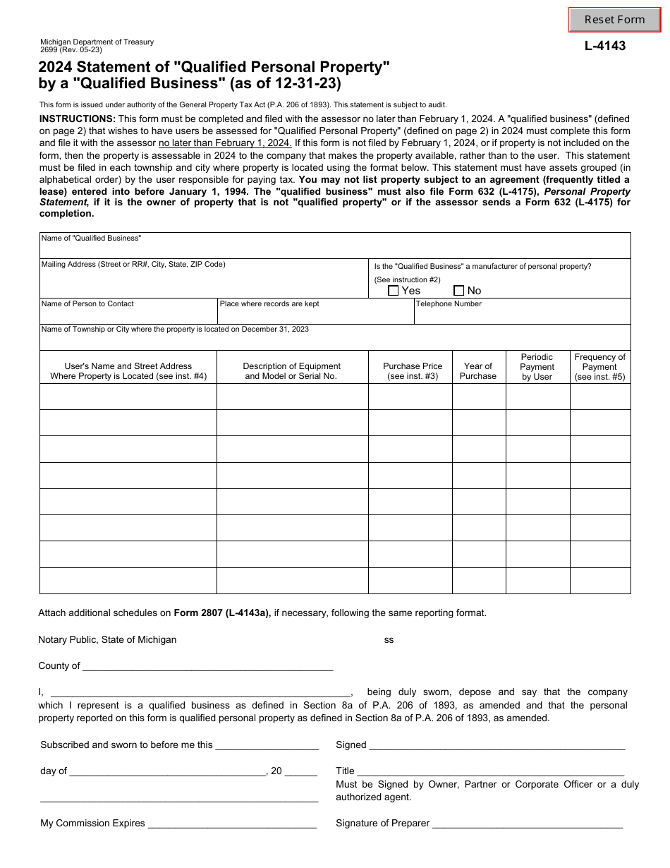 Form 2699 (L-4143) Statement of qualified Personal Property by a qualified Business - Michigan, Page 1