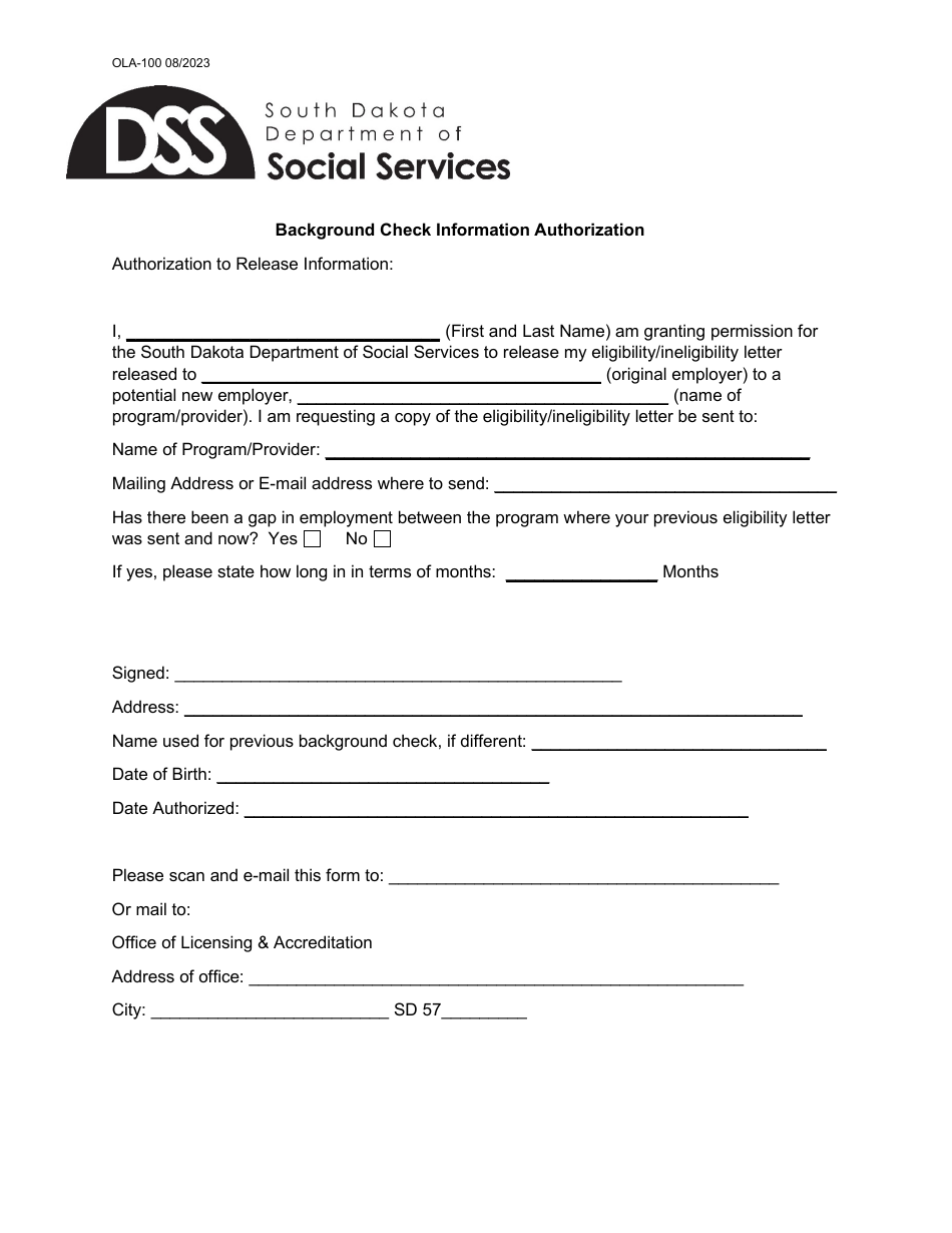 Form OLA-100 Background Check Information Authorization - South Dakota, Page 1