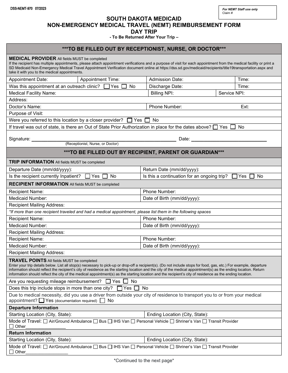 Form DSS-NEMT-970 Non-emergency Medical Travel (Nemt) Reimbursement Form - Day Trip - South Dakota, Page 1