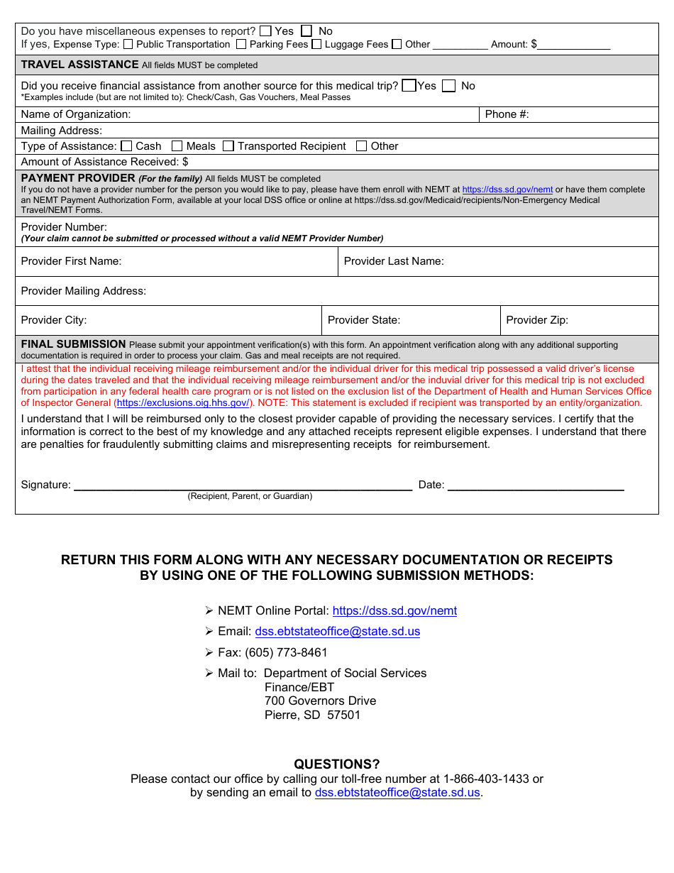 Form DSS-NEMT-970 Non-emergency Medical Travel (Nemt) Reimbursement Form - Day Trip - South Dakota, Page 2
