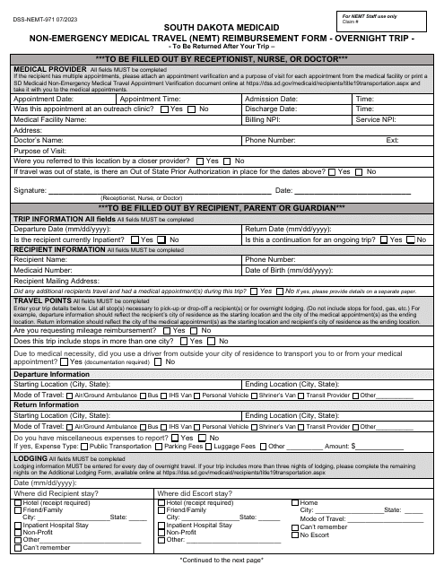 Form DSS-NEMT-971 Non-emergency Medical Travel (Nemt) Reimbursement Form - Overnight Trip - South Dakota
