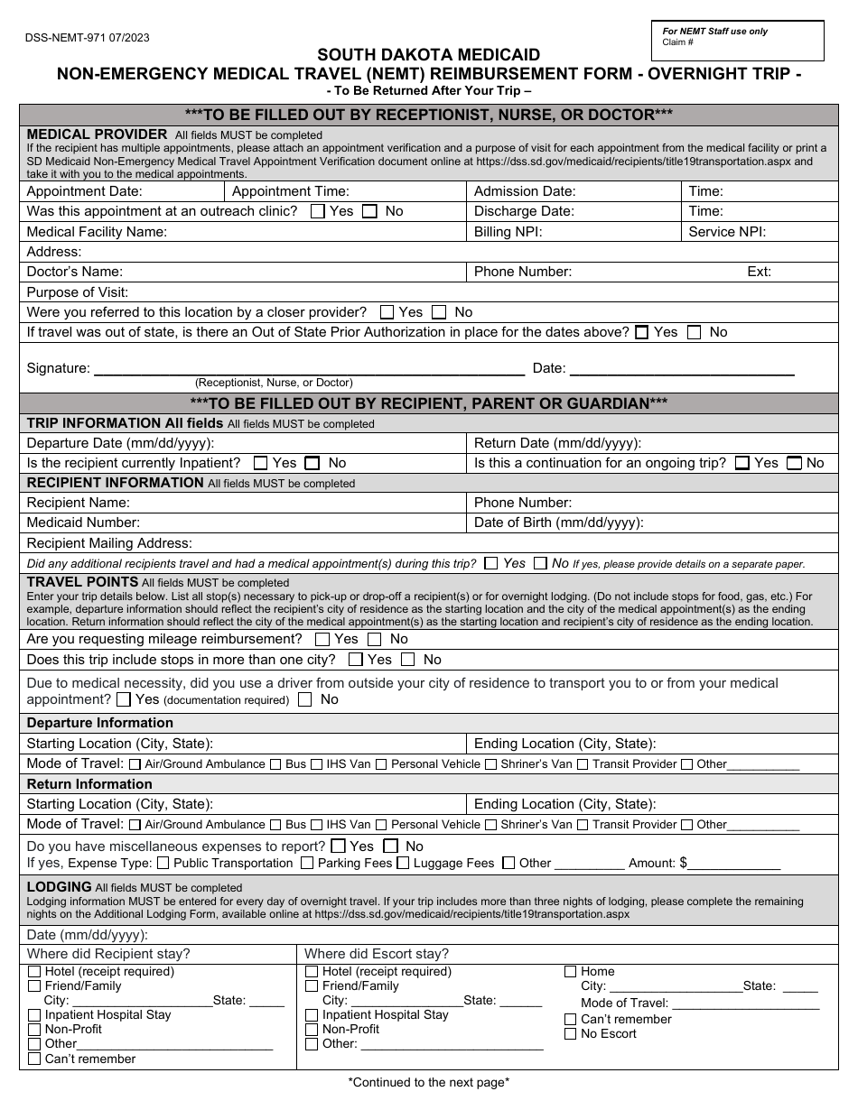 Form DSS-NEMT-971 Non-emergency Medical Travel (Nemt) Reimbursement Form - Overnight Trip - South Dakota, Page 1