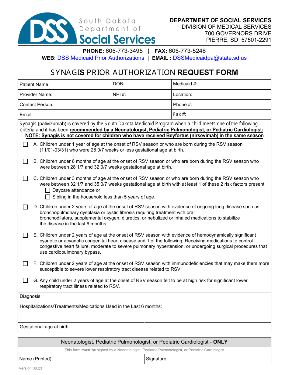 Synagis Prior Authorization Request Form - South Dakota, Page 1