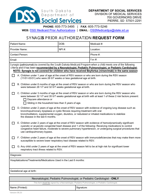 Synagis Prior Authorization Request Form - South Dakota Download Pdf