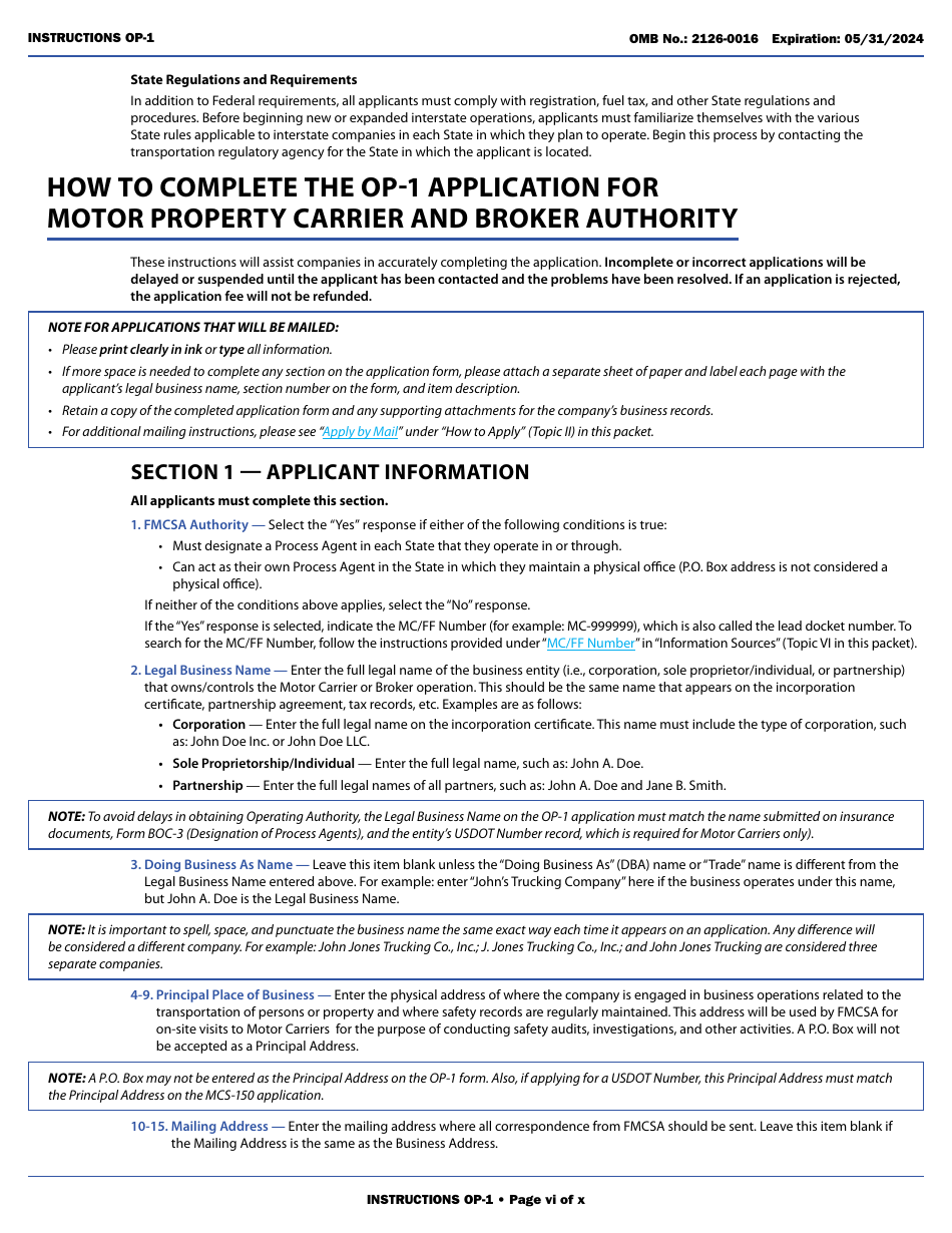 Form OP-1 Application for Motor Property Carrier and Broker Authority, Page 6