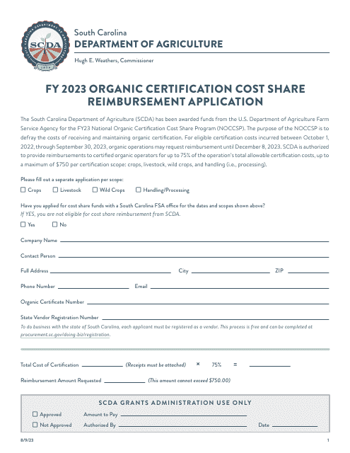 Organic Certification Cost Share Reimbursement Application - South Carolina, 2023