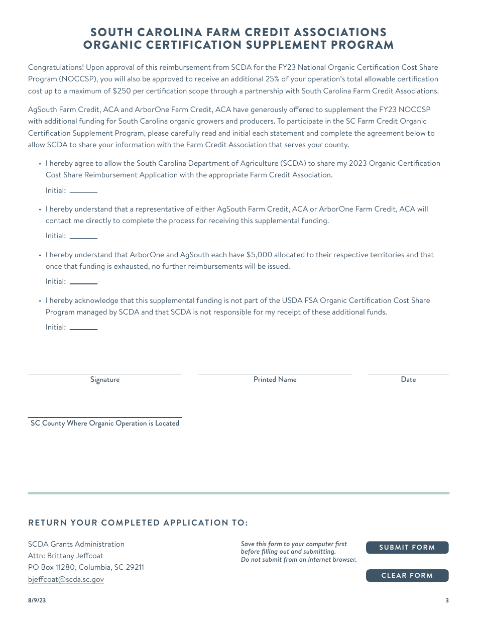 Organic Certification Cost Share Reimbursement Application - South Carolina, Page 3