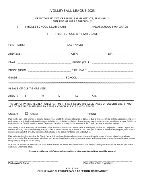 Girls Volleyball Registration Form - City of Parma, Ohio, 2023