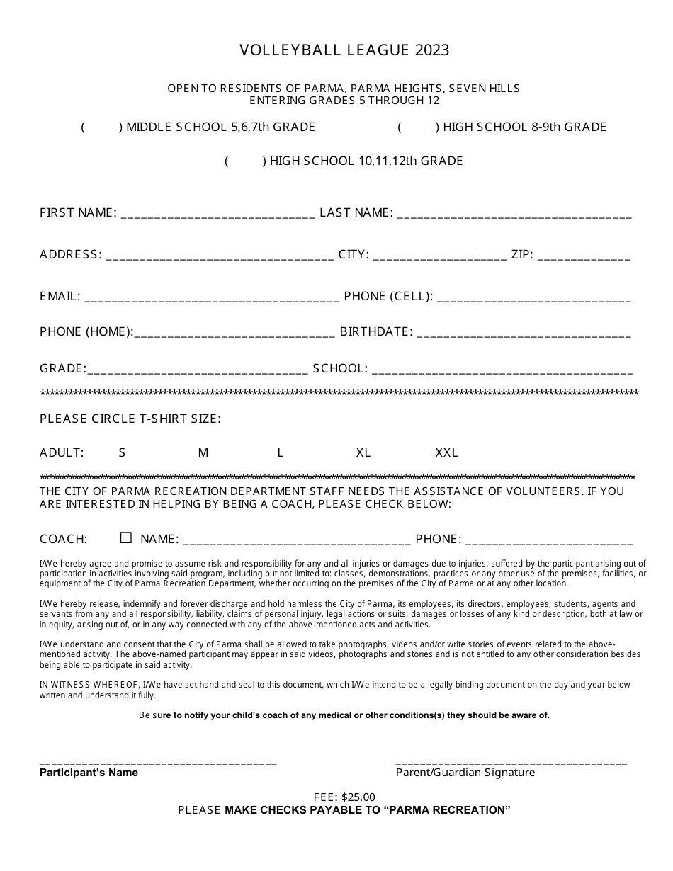 Girls Volleyball Registration Form - City of Parma, Ohio, Page 1