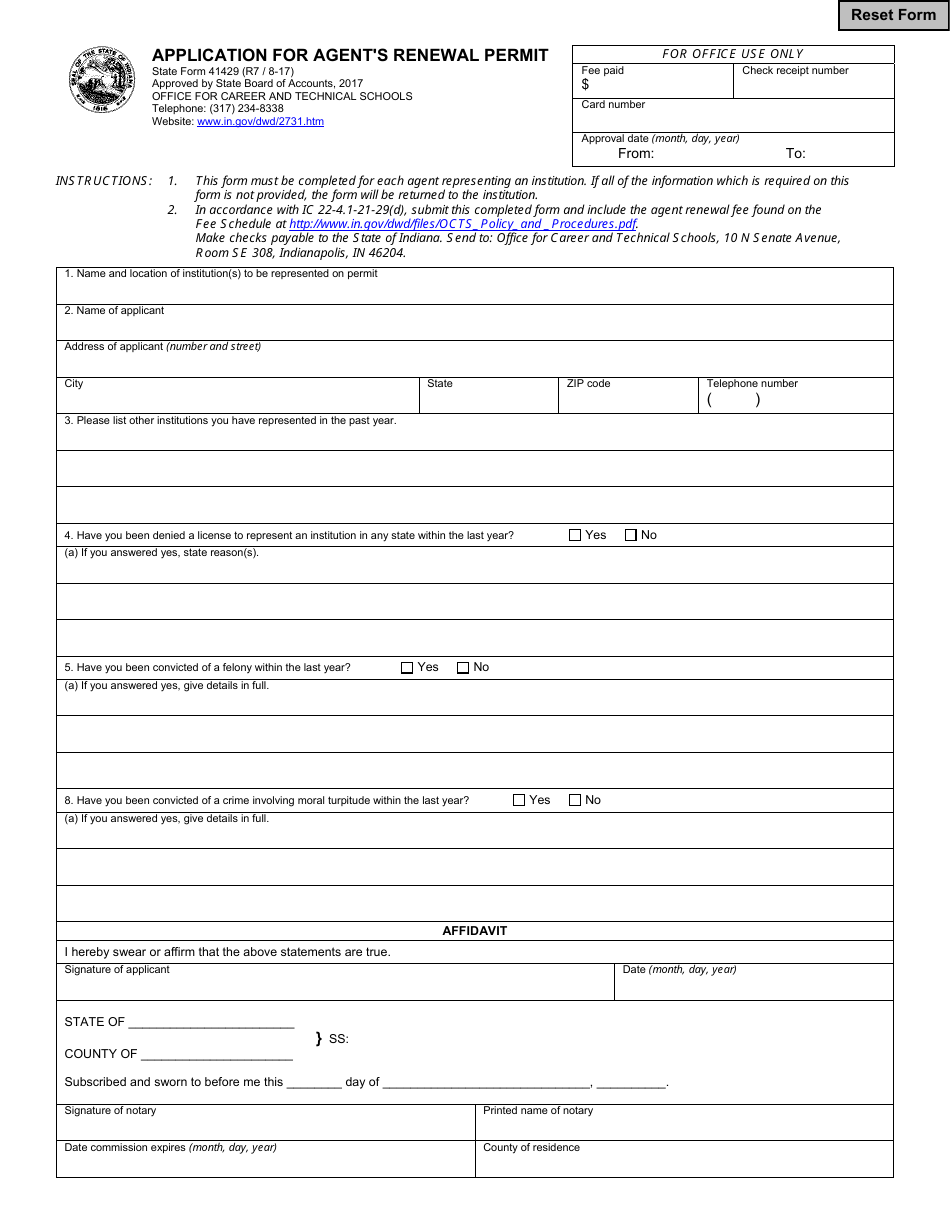 State Form 41429 Application for Agents Renewal Permit - Indiana, Page 1