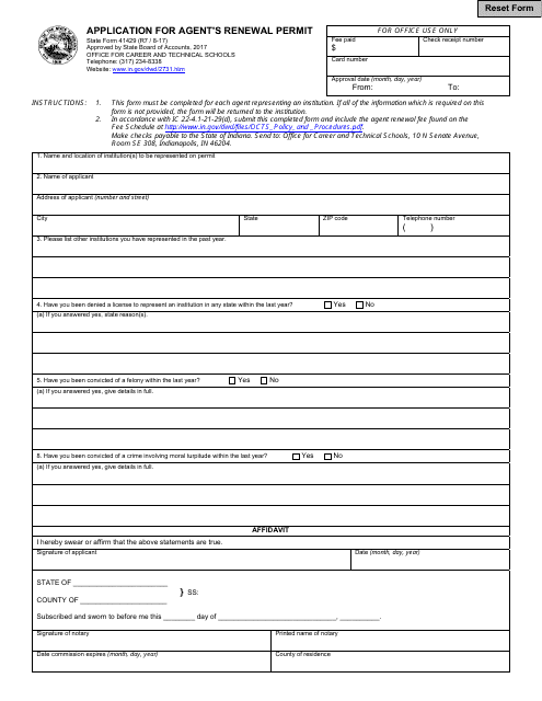 State Form 41429 Application for Agent's Renewal Permit - Indiana
