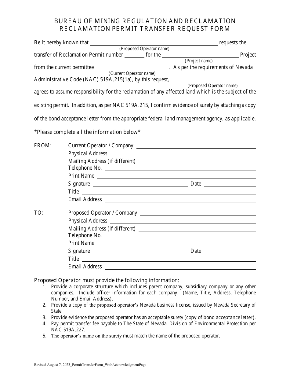 Reclamation Permit Transfer Request Form - Nevada, Page 1