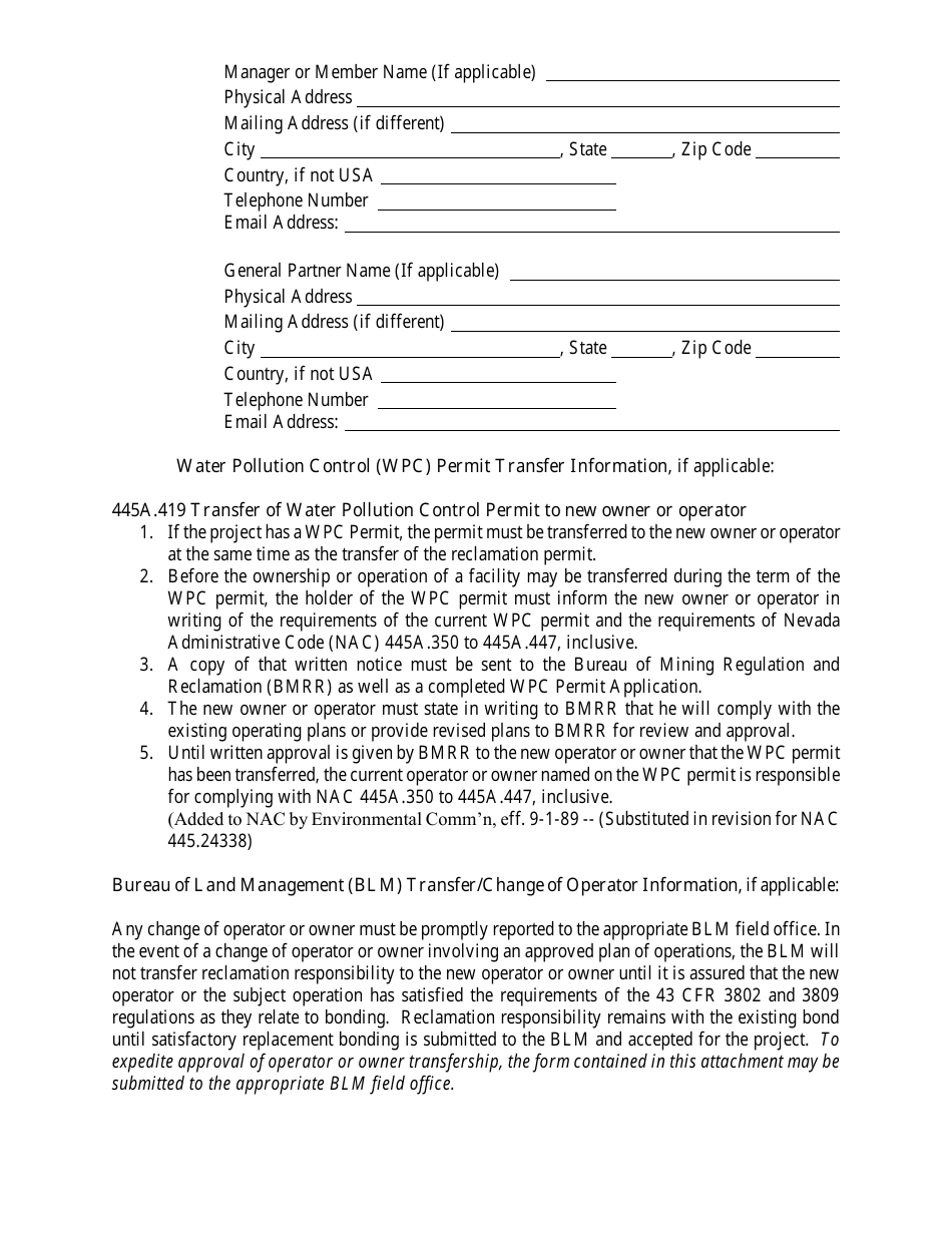 Reclamation Permit Transfer Request Form - Nevada, Page 3