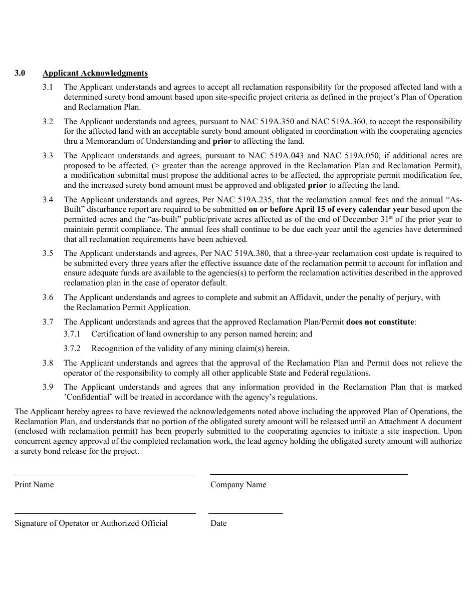 Reclamation Permit Transfer Request Form - Nevada, Page 4
