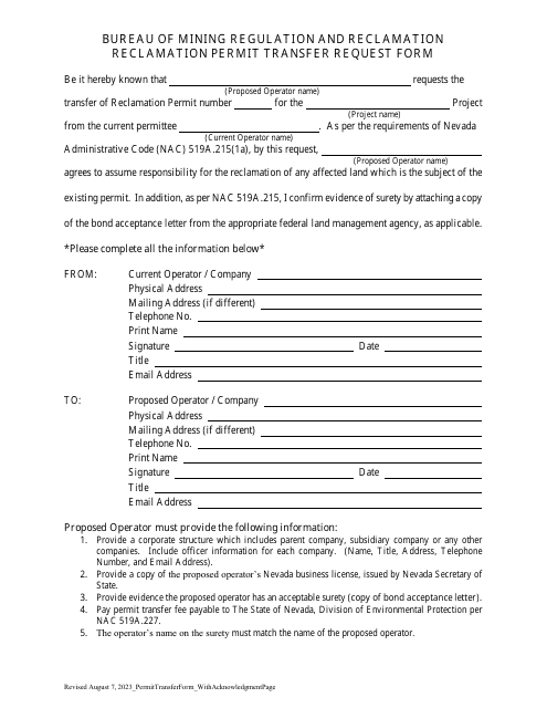 Reclamation Permit Transfer Request Form - Nevada Download Pdf