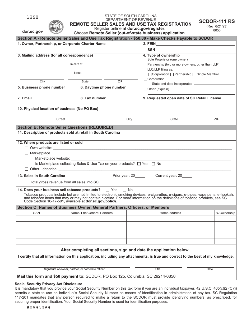 Form SCDOR-111 RS Download Printable PDF or Fill Online Remote Seller ...