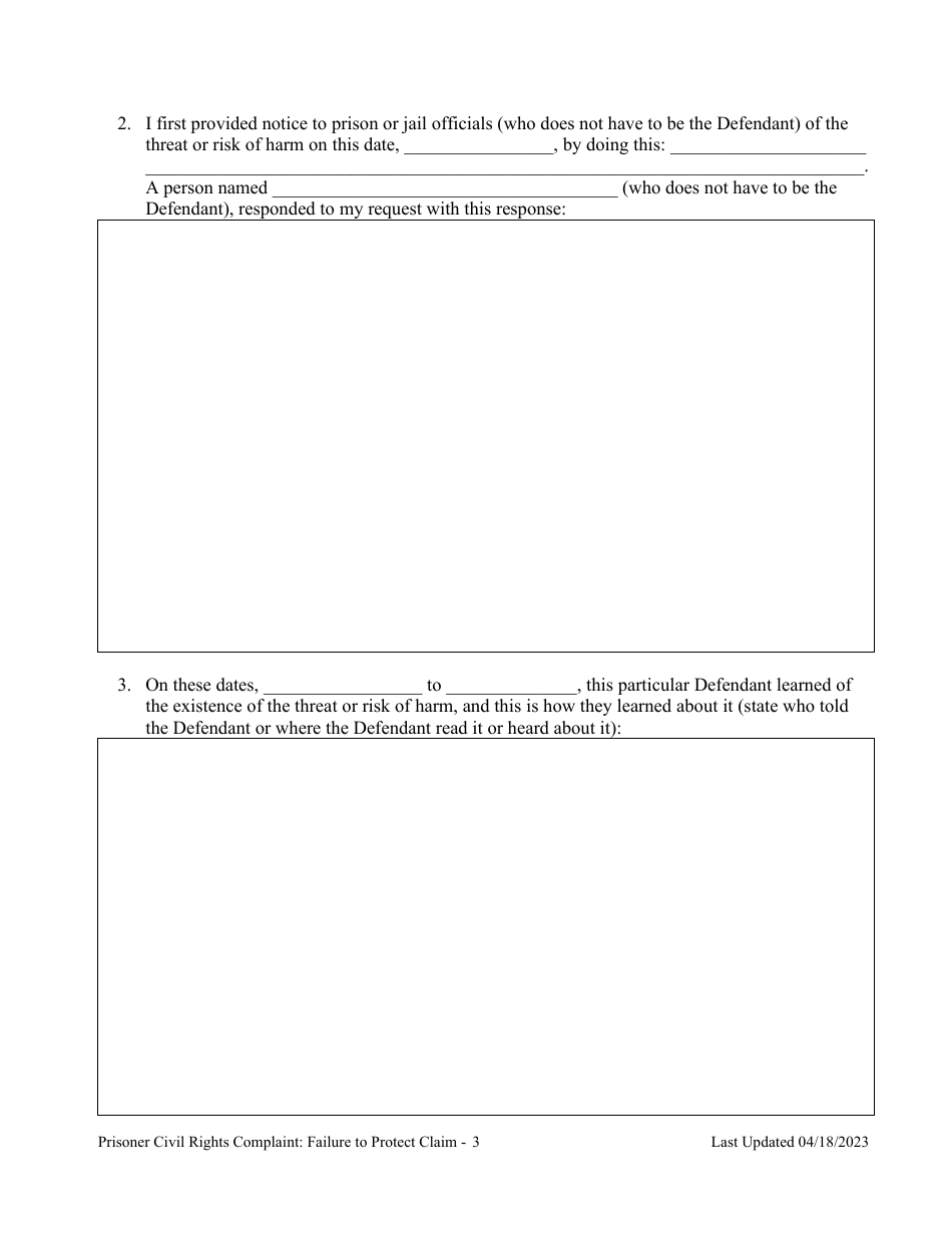 Prisoner Civil Rights Complaint: Failure to Protect Claim - Montana, Page 3