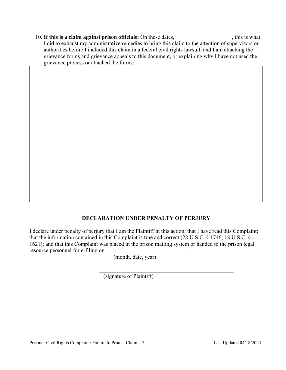 Prisoner Civil Rights Complaint: Failure to Protect Claim - Montana, Page 7