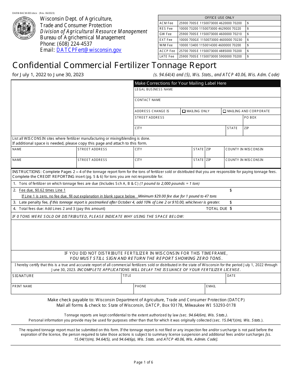 Form DARM-BACM-003 Confidential Commercial Fertilizer Tonnage Report - Wisconsin, Page 1